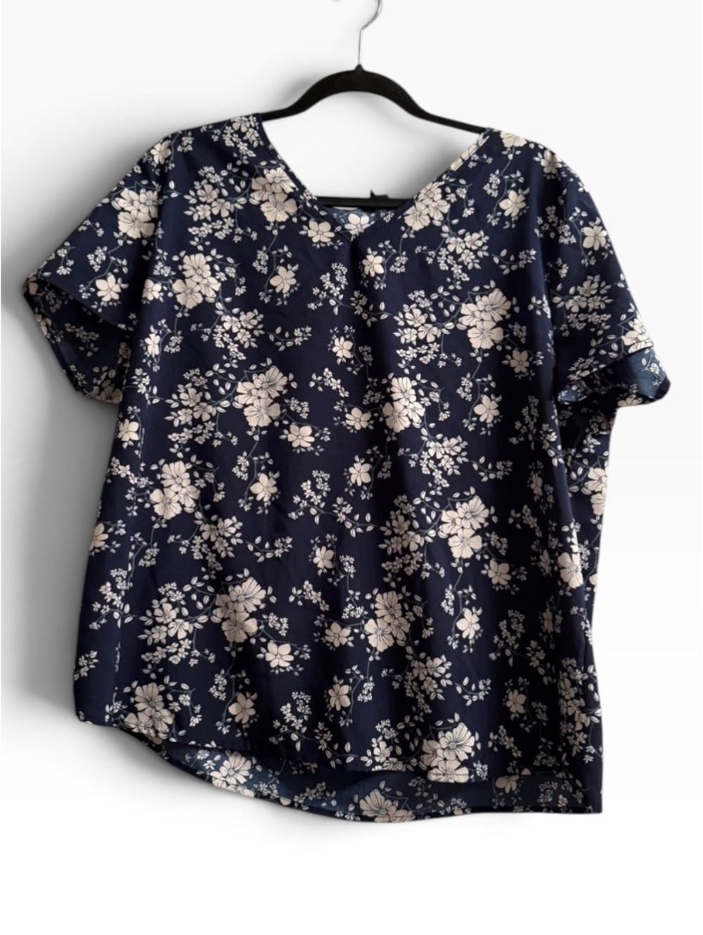 Emery Rose Navy Blue Floral Short Sleeve Blouse XXL